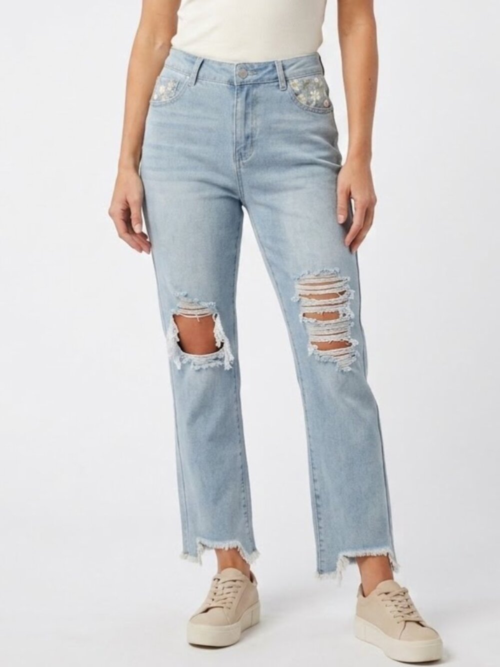 Great Smoky Distressed Jeans 13 Hand Embroidered Light Wash High Rise Straight